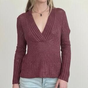 Acxess Maroon Sheer Loose Boho Knit V-Neck Ribbed Sweater